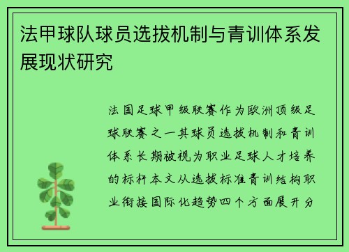 法甲球队球员选拔机制与青训体系发展现状研究